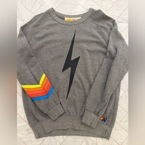 Aviator Nation Gray Sweatshirt with Lightning Bolt and Rainbow Stripes